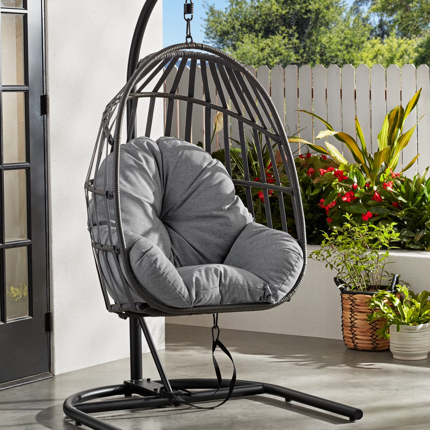 Outdoor Wicker Patio Hanging Egg Chair, Gray