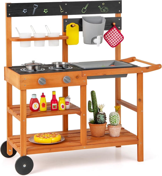 Mud Kitchen, Outdoor Play Kitchen with Wheels 3 Cups Removable Sink Cooking Accessories Wooden Kids Kitchen Playset Backyard Garden Toys Gift for Boys Girls Ages 3+