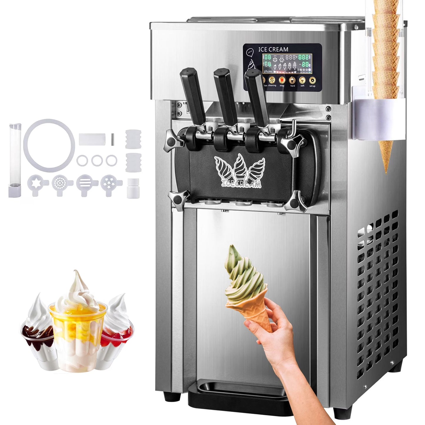 1200W Commercial Ice Cream Machine Countertop 18L/H Soft Serve Ice Cream Maker with LED Display