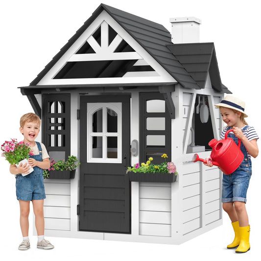 Outdoor Playhouse for Kids Ages 4-8, Wooden Play House with Doorbell, Phone, Kitchen Toys, Outdoor Kids Play Equipment, Casa Para Ni?as (45L x 65H), White & Black
