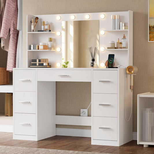Vanity Desk with Mirror and LED Lights, Makeup Vanity with 7 Drawers & 4 Shelves, Vanity Table with Power Outlet for Bedroom Dressing Room, White
