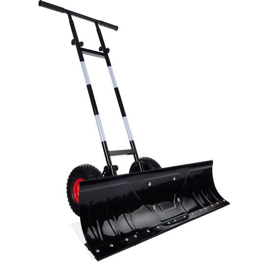 36in Galvanized Blade Hand Snow Pusher w/ 2 Wheels, Adjustable Handle, Blade Angle - Black