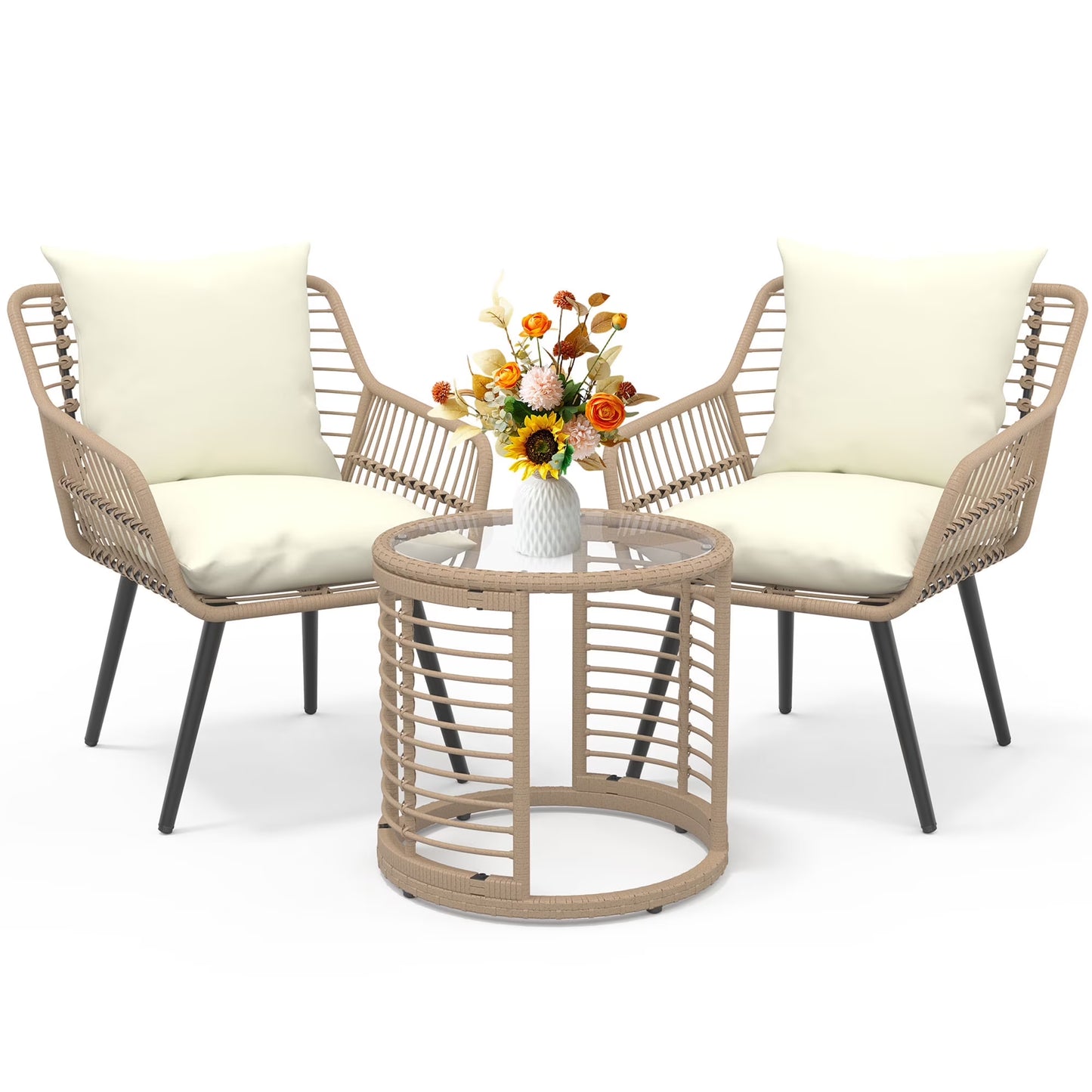 3-Piece Steel Outdoor Bistro Sets with Metal Chairs and Glass Top Table, Beige