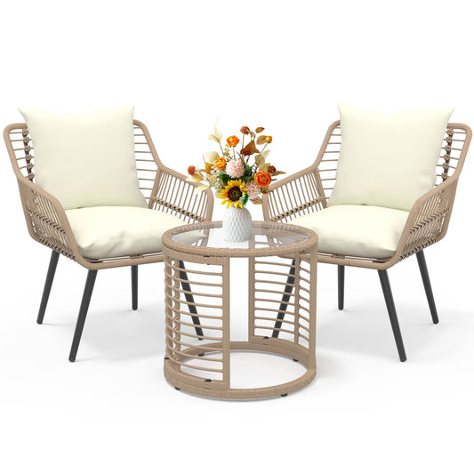 3-Piece Steel Outdoor Bistro Sets with Metal Chairs and Glass Top Table, Beige