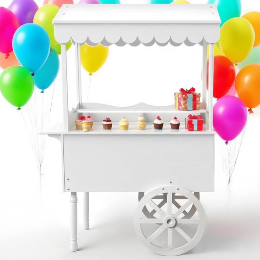 72in Candy Cart Display Stand with Decorated Wheels 100 Balloons Easy Install Vintage Dessert Cart for Parties Birthdays Weddings White