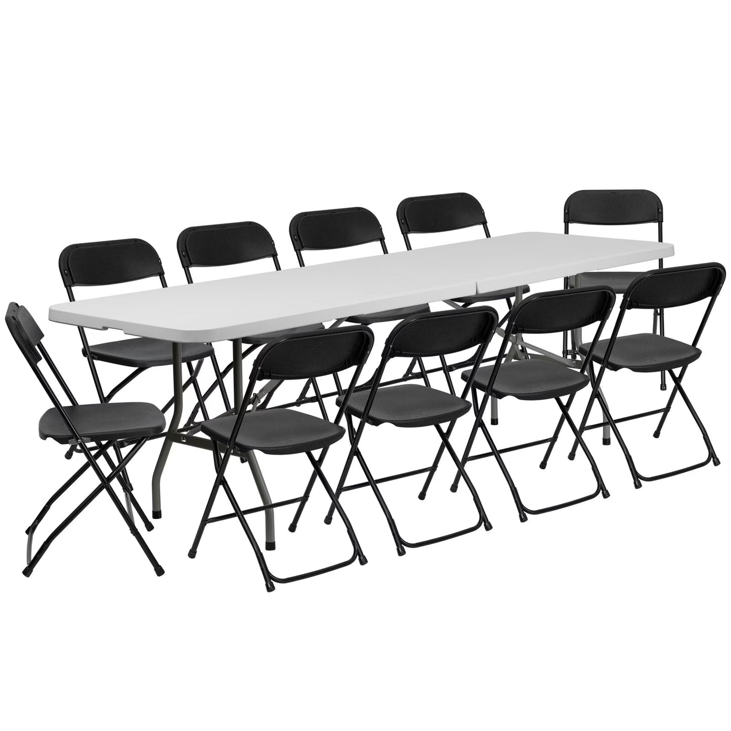 6ft White Folding Table and 10 Pack Folding Chairs Black, Plastic Table and Chair Set