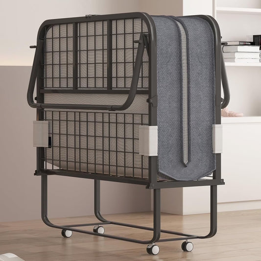 Folding Bed with 4 Inch Foam Mattress, 75" x 31" Rollaway Bed for Adults, Portable Bed with Lockable Wheels, Easy Assembly & Moving, Standard