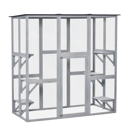 PawHut Wooden Catio Enclosure with Weather Protection, 6 Platforms, Outdoor, Large, 71" x 38.5" x 71"