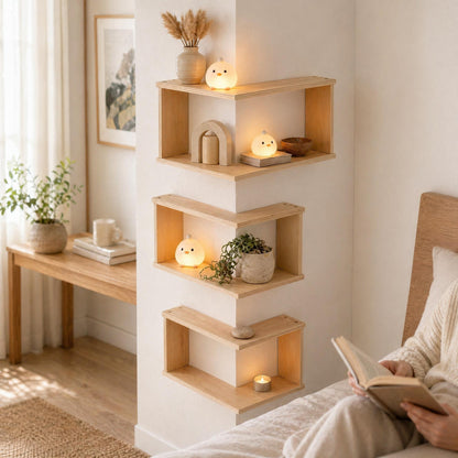 Corner Floating Wood Shelf – Wall Mounted Display Rack for Plants and Ornaments