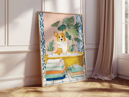 Corgi Bath Wall Art Print, Cute Dog Poster, Corgi Bathroom Decor, Funny Dog Print