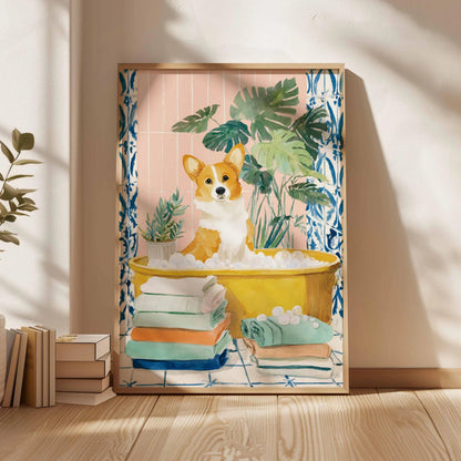 Corgi Bath Wall Art Print, Cute Dog Poster, Corgi Bathroom Decor, Funny Dog Print