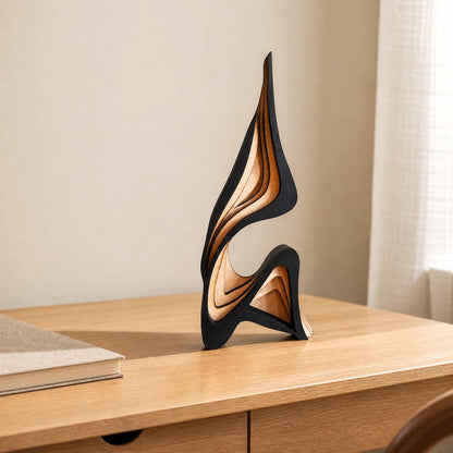 Abstract Wood Sculpture – Layered Minimalist Statue for Shelf, Desk and Living Room Decor