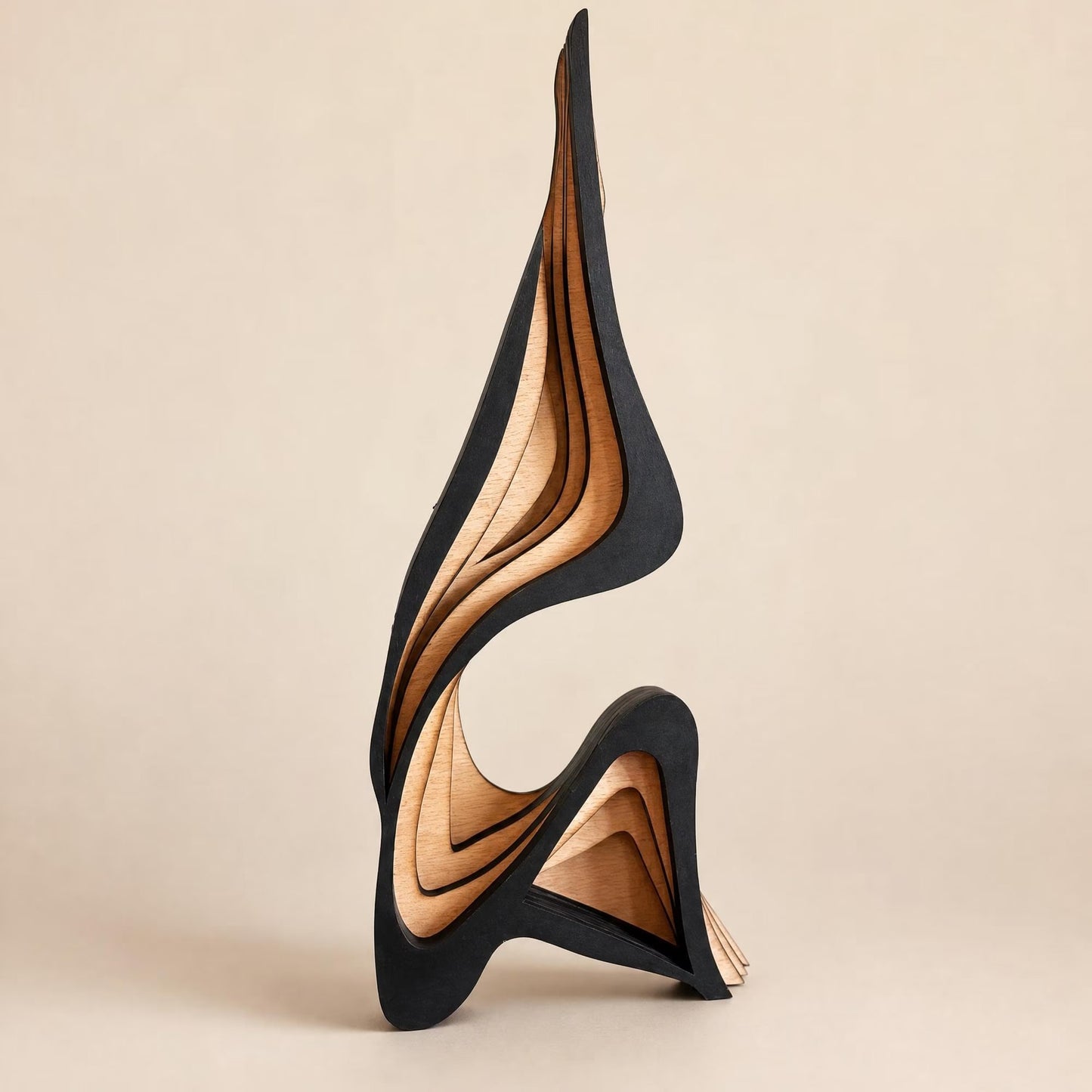 Abstract Wood Sculpture – Layered Minimalist Statue for Shelf, Desk and Living Room Decor