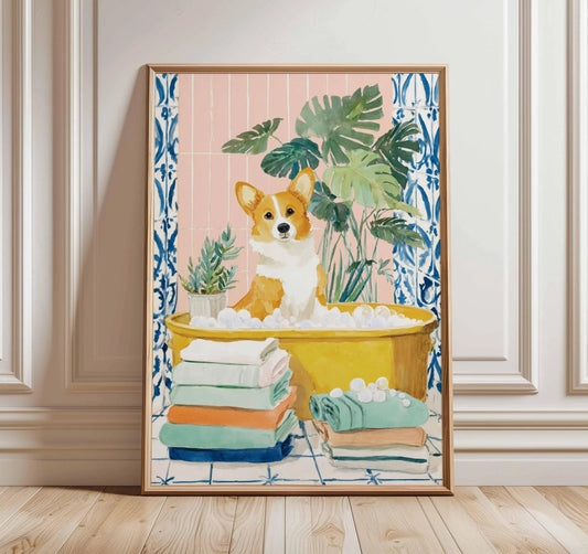 Corgi Bath Wall Art Print, Cute Dog Poster, Corgi Bathroom Decor, Funny Dog Print