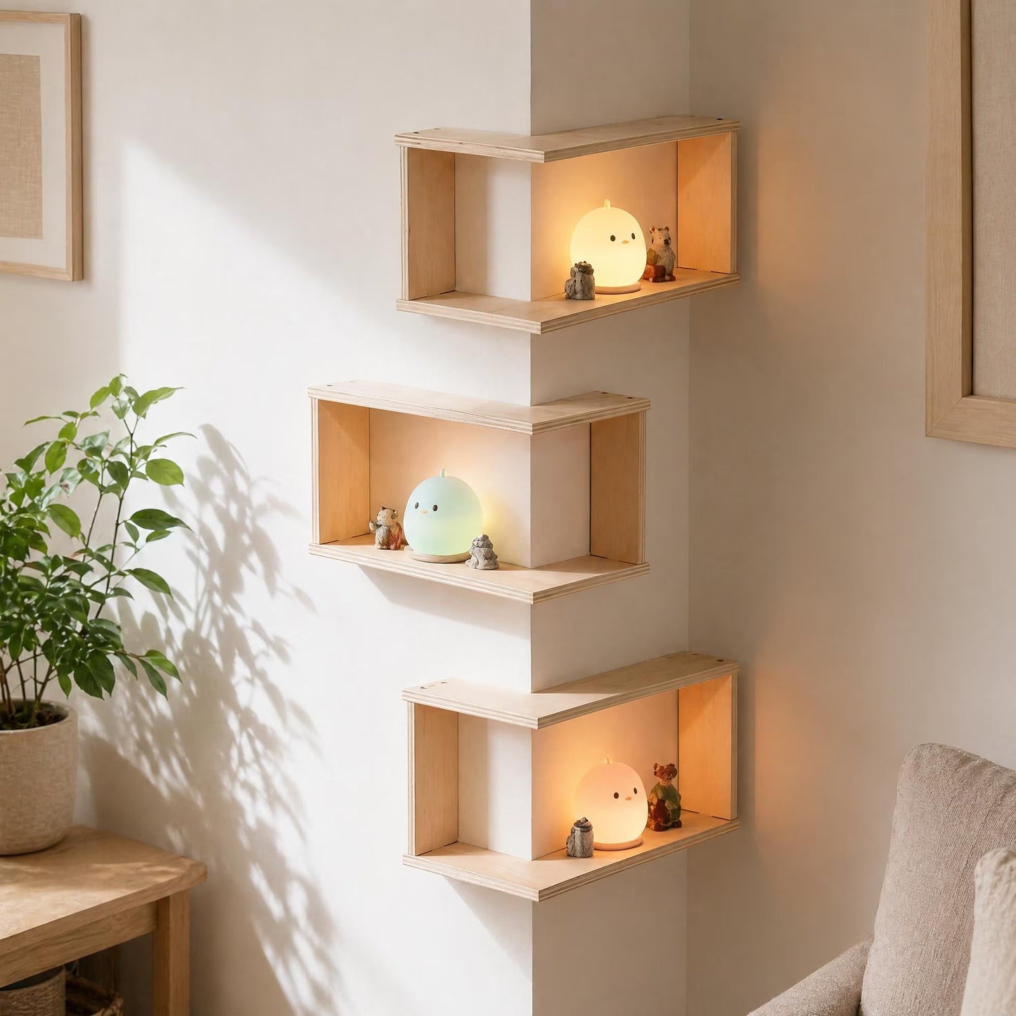 Corner Floating Wood Shelf – Wall Mounted Display Rack for Plants and Ornaments
